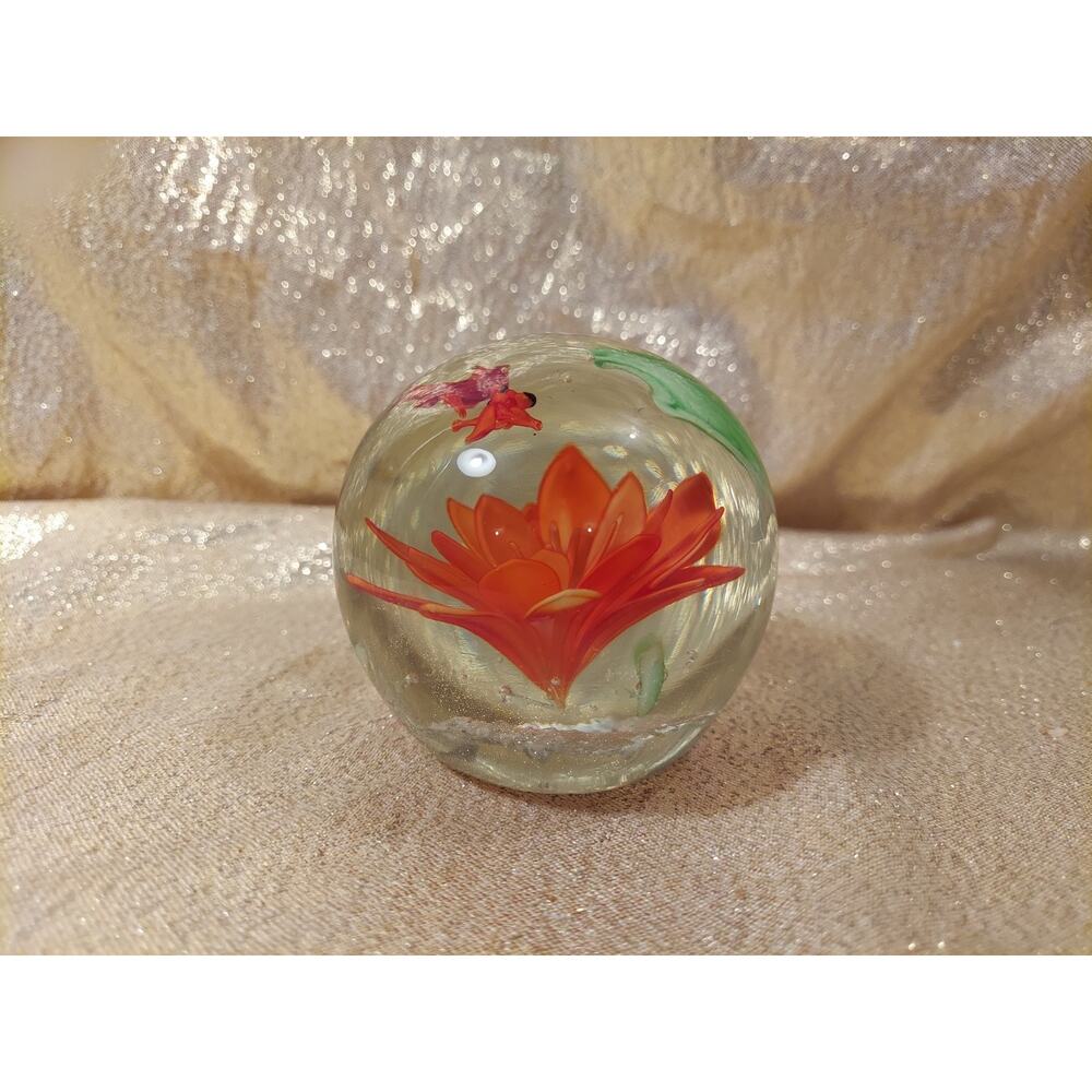 Blown Glass Globe Paperweight Orange Red Lilly Flower Koi Fish Controlled Bubble
